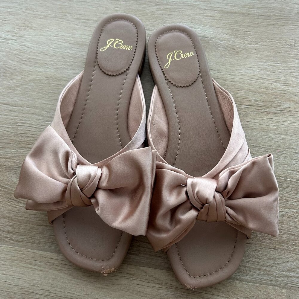 J. Crew Abbie Blush Pink Satin Bow Slide Square Toe Sandals Leather (Size 7)